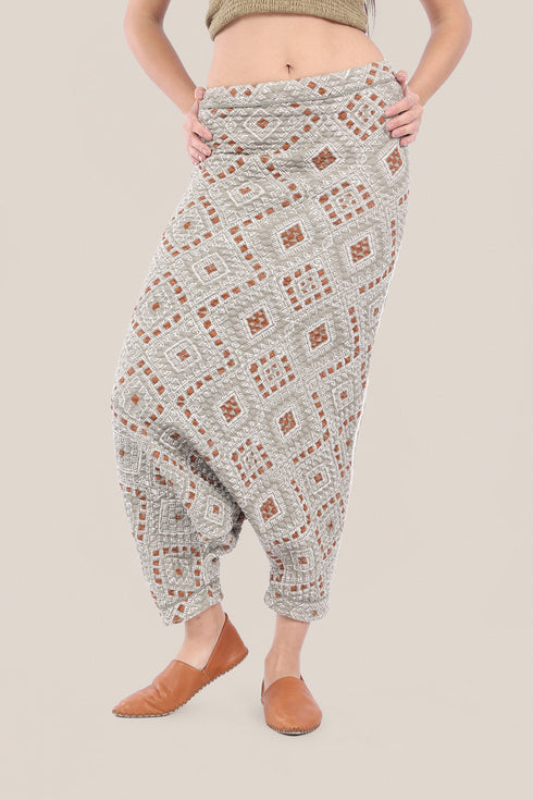 Harem pants in quilted printed cotton blend